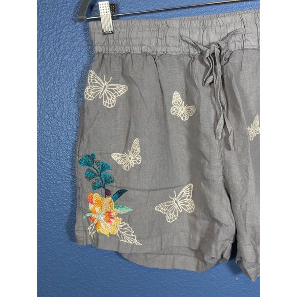 Johnny Was Embroidered Butterfly Linen Drawstring Shorts Gray W's Medium - Picture 8 of 12